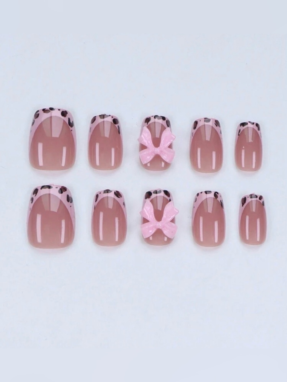 Pink Leopard Tip Press-On Nails with 3D Bows